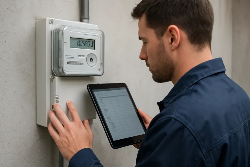 Muž kontroluje digitálny elektromer s tabletom v ruke