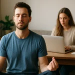 Muž meditujúci v pohodlnom prostredí, žena pracujúca na počítači