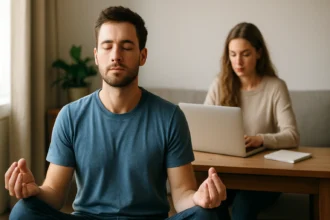 Muž meditujúci v pohodlnom prostredí, žena pracujúca na počítači