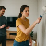 Žena natiera stenu bežeckou farbou, muž sleduje pomocou tabletu.