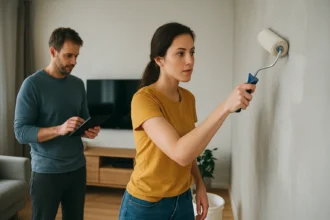 Žena natiera stenu bežeckou farbou, muž sleduje pomocou tabletu.