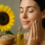 Žena sa stará o pleť so slnečnicovými semienkami a olejom.