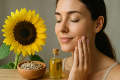 Žena sa stará o pleť so slnečnicovými semienkami a olejom.