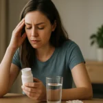 Žena s tabletami a vodou, zamyslená nad užívaním Inofolic pri PCOS.