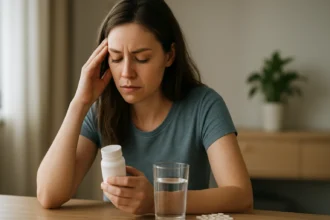 Žena s tabletami a vodou, zamyslená nad užívaním Inofolic pri PCOS.