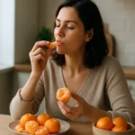 Žena s mandarínkami v kuchyni, užívajúca si zdravý snack