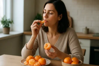 Žena s mandarínkami v kuchyni, užívajúca si zdravý snack
