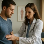 Lekár vyšetruje muža, ktorý sa stará o svoje zdravie.