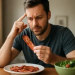 Muž premýšľa o účinkoch slaniny na zdravie pri jedle.