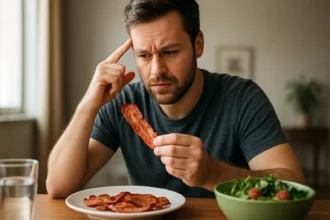 Muž premýšľa o účinkoch slaniny na zdravie pri jedle.