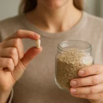 Osoba drží tabletu ovsených otrúb a sklenenú nádobu s ovsenými vločkami