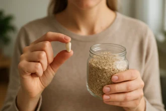 Osoba drží tabletu ovsených otrúb a sklenenú nádobu s ovsenými vločkami