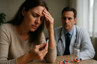 Žena v zdravotnej starostlivosti zvažuje užitie antibiotika s lekárom v pozadí.