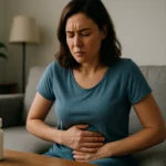 Žena cíti bolest v bruchu pri užívaní esomeprazolu na žalúdočné problémy.