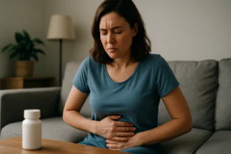 Žena cíti bolest v bruchu pri užívaní esomeprazolu na žalúdočné problémy.