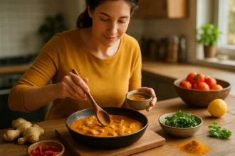 Žena pridáva korenie do voňavého kari jedla v kuchyni.