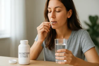 Žena užívajúca citrát horečnatý s pohárom vody.