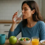 Žena pije vodu a konzumuje zdravé potraviny na stole.