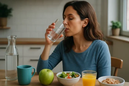 Žena pije vodu a konzumuje zdravé potraviny na stole.