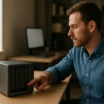 Muž nastavuje NAS server na pracovnom stole s laptopom.