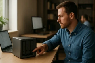 Muž nastavuje NAS server na pracovnom stole s laptopom.