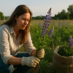 Žena zbiera lupinu v poľnohospodárskom prostredí.