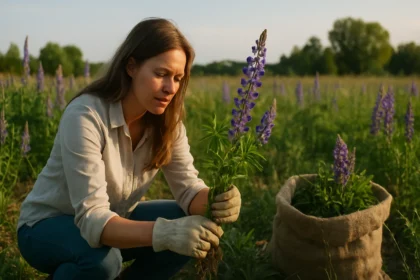 Žena zbiera lupinu v poľnohospodárskom prostredí.