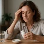 Žena s bolestivou hlavou a mliekom z magnézia na stole.