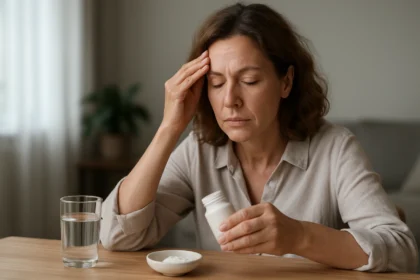Žena s bolestivou hlavou a mliekom z magnézia na stole.