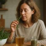 Žena ochutnáva yzop, liečivú rastlinu s aromatickými vlastnosťami.