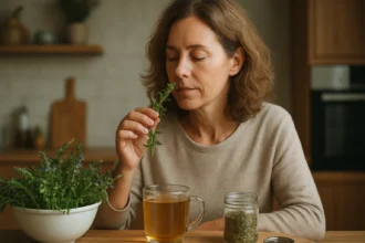 Žena ochutnáva yzop, liečivú rastlinu s aromatickými vlastnosťami.