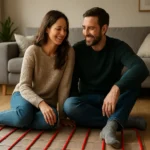 Pár si užíva pohodlie podlahového kúrenia v obývacej izbe.