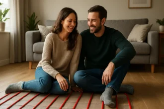 Pár si užíva pohodlie podlahového kúrenia v obývacej izbe.