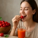 Žena si vychutnáva acerolu a nápoj z aceroly pre zdravie.