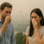 Dve osoby sú znepokojené kvalitou vzduchu, pokrývajú si nosy.