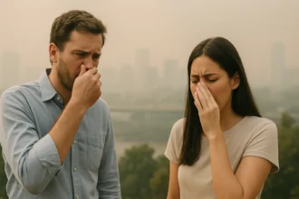 Dve osoby sú znepokojené kvalitou vzduchu, pokrývajú si nosy.