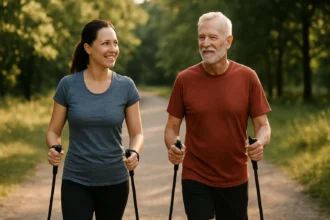 Dve osoby, muž a žena, cvičia severskú chôdzu na slnečnej ceste v prírode.