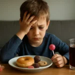 Chlapec so sladkosťami a nápojom, zamyslený nad konzumáciou cukru.