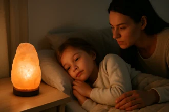 Matka a dieťa relaxujú pri soľnej lampe v spálni.