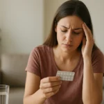 Žena so zlomeným výrazom drží blistrové antikoncepčné tabletky.