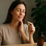 Žena si užíva bio selén pre zlepšenie zdravia a pohody.