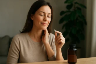 Žena si užíva bio selén pre zlepšenie zdravia a pohody.