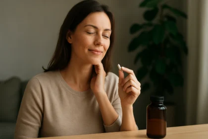 Žena si užíva bio selén pre zlepšenie zdravia a pohody.