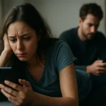 Žena s vážnym výrazom sledujúca telefón, muž v pozadí tiež s telefónom.