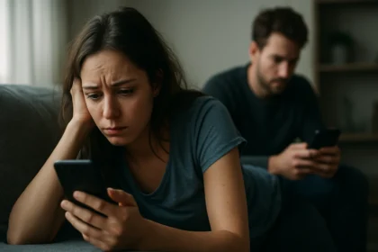 Žena s vážnym výrazom sledujúca telefón, muž v pozadí tiež s telefónom.