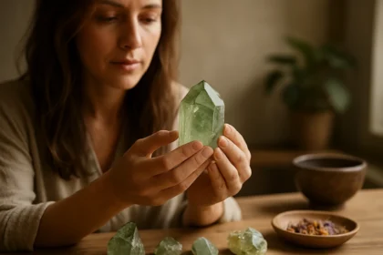 Žena skúma zelený ametyst, minerál pre zdravie a pohodu.