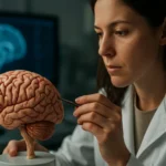 Vedkyňa skúma model ľudského mozgu s pozadím neurovedy.