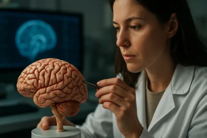 Vedkyňa skúma model ľudského mozgu s pozadím neurovedy.