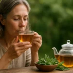 Žena vychutnáva šalviový čaj, podporujúci zdravie a pohodu.