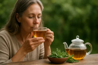 Žena vychutnáva šalviový čaj, podporujúci zdravie a pohodu.